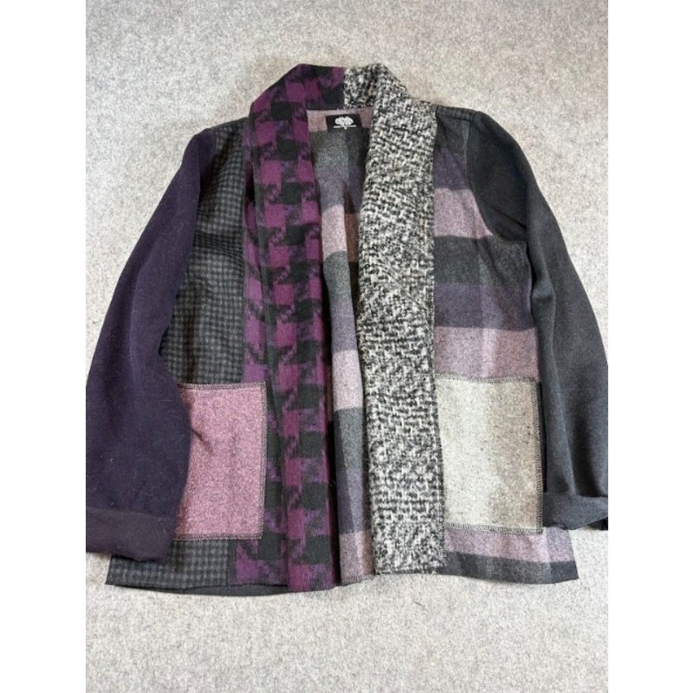Cameleon Patchwork Wool Cardigan Womens M Plaid Open Front Boho Purple Grey